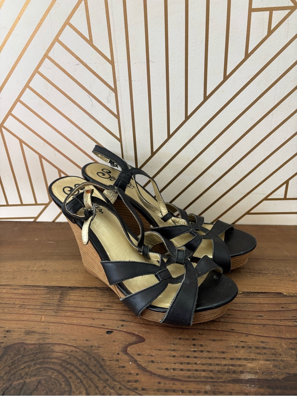 Seychelles Black and Gold Leather Wedge Sandals